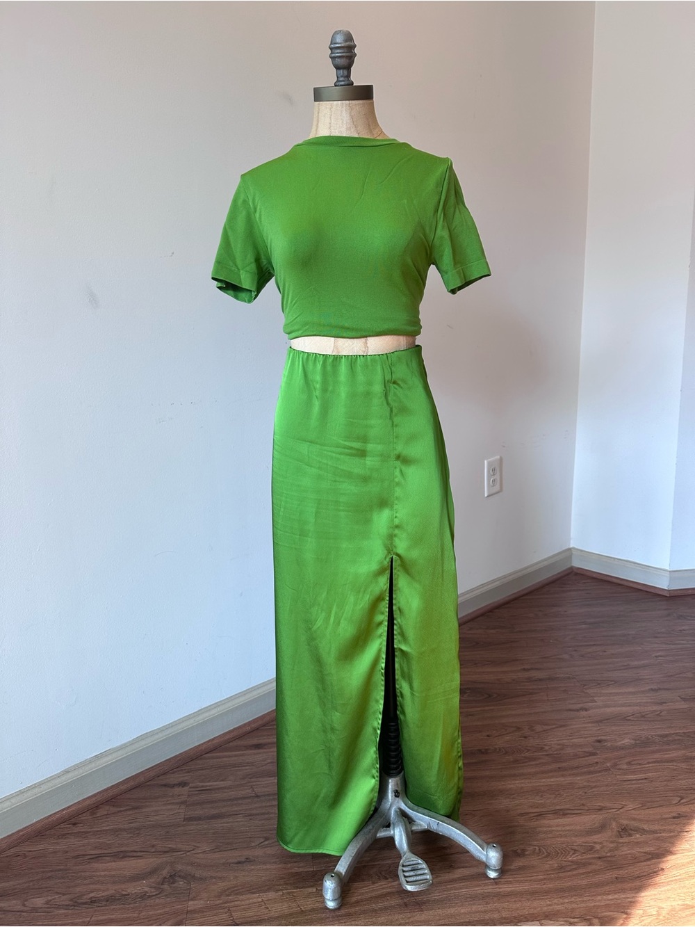 Green Satin Maxi Skirt with Front Slit